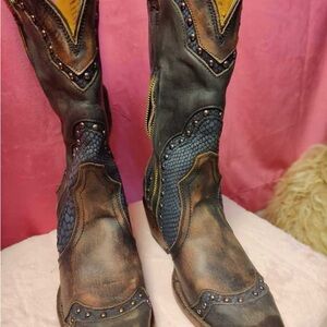 We The Free” by Free People Brown and Blue snake and studded Boots